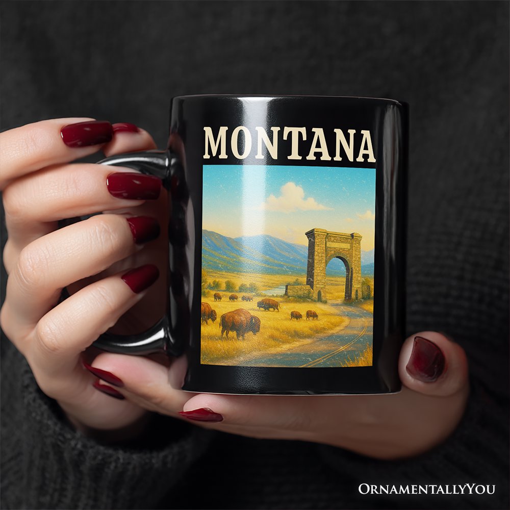 Rustic Montana State Wildlife and Landmark Personalized Mug, Yellowstone Entrance Tee and Western Prairie Souvenir with Custom Name