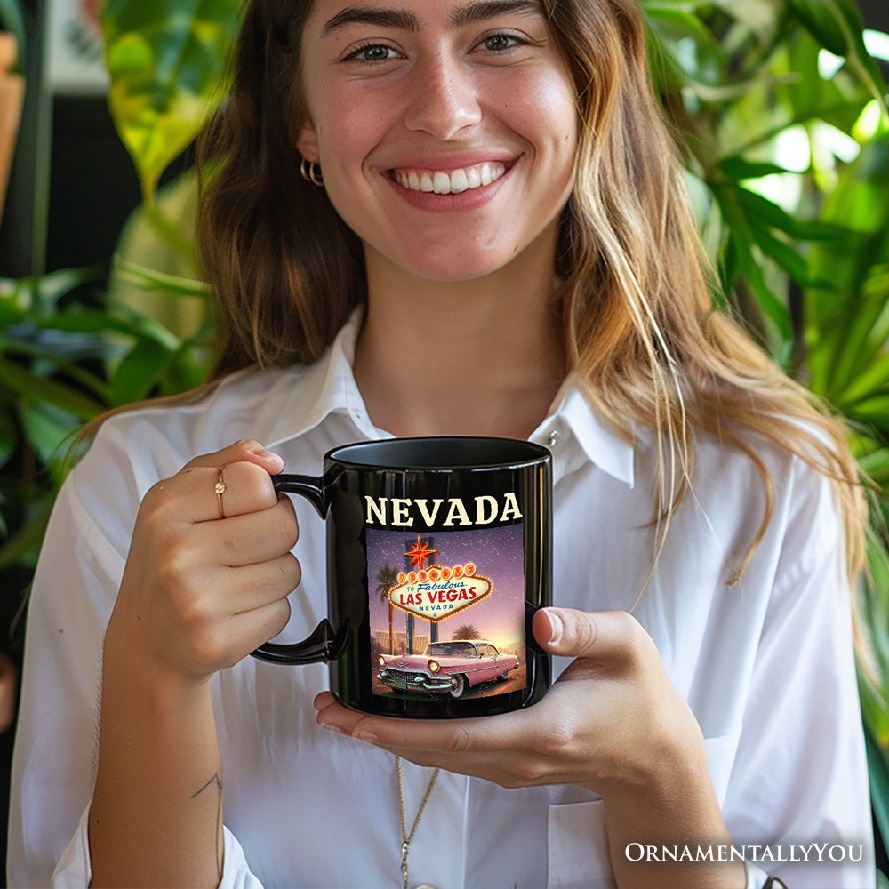 Vintage Nevada State Las Vegas Sign Personalized Mug, Retro Pink Cadillac Gift and Desert City Souvenir with Custom Name