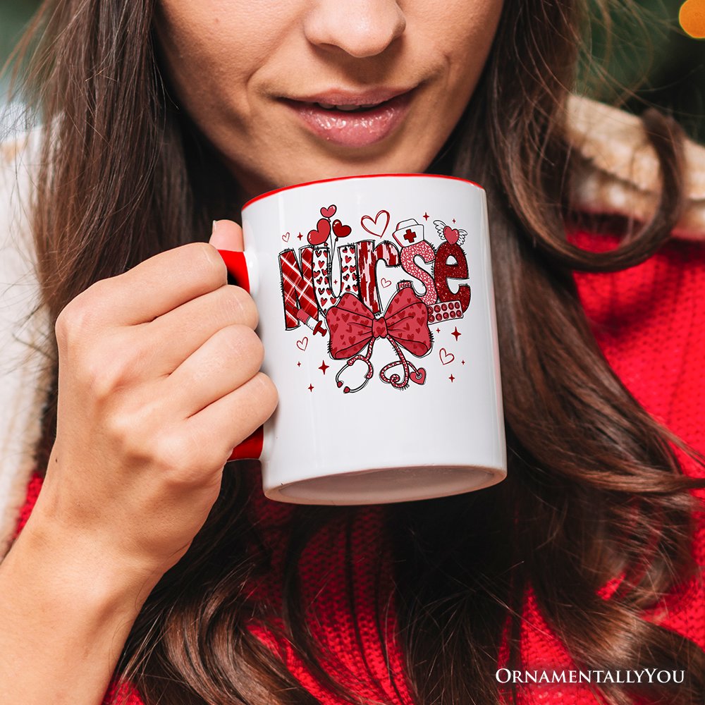 Valentine Nurse Coquette Bow Personalized Mug, Cupid Favorite Nurse Gift with Custom Name