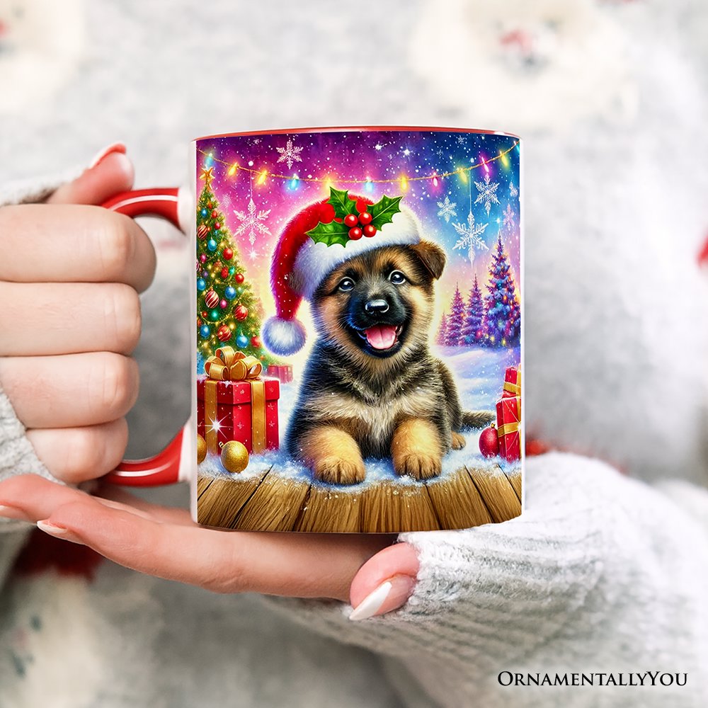 Snowy German Shepherd Puppy Personalized Mug, Heartwarming Christmas Gift with Custom Name