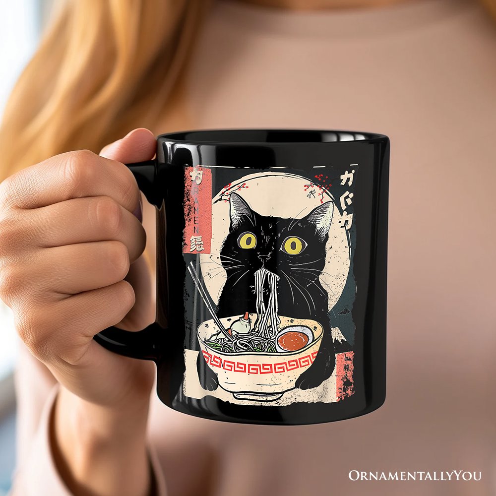 Kawaii Anime Cat Eating Ramen Personalized Mug, Noodle Japanese Art Style Gift with Custom Name