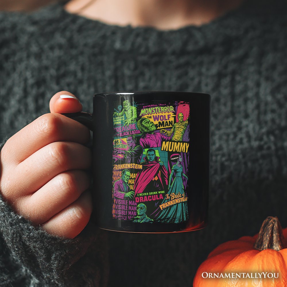 Horror Comic Classic Monsters Personalized Mug, Vintage Scary Halloween Gift with Custom Name