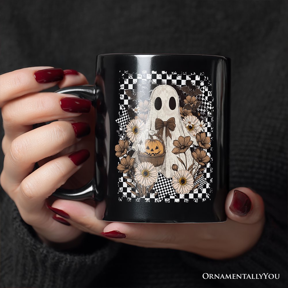 Retro Ghost Floral Halloween Personalized Mug, Spooky Vintage Checkered Gift with Custom Name
