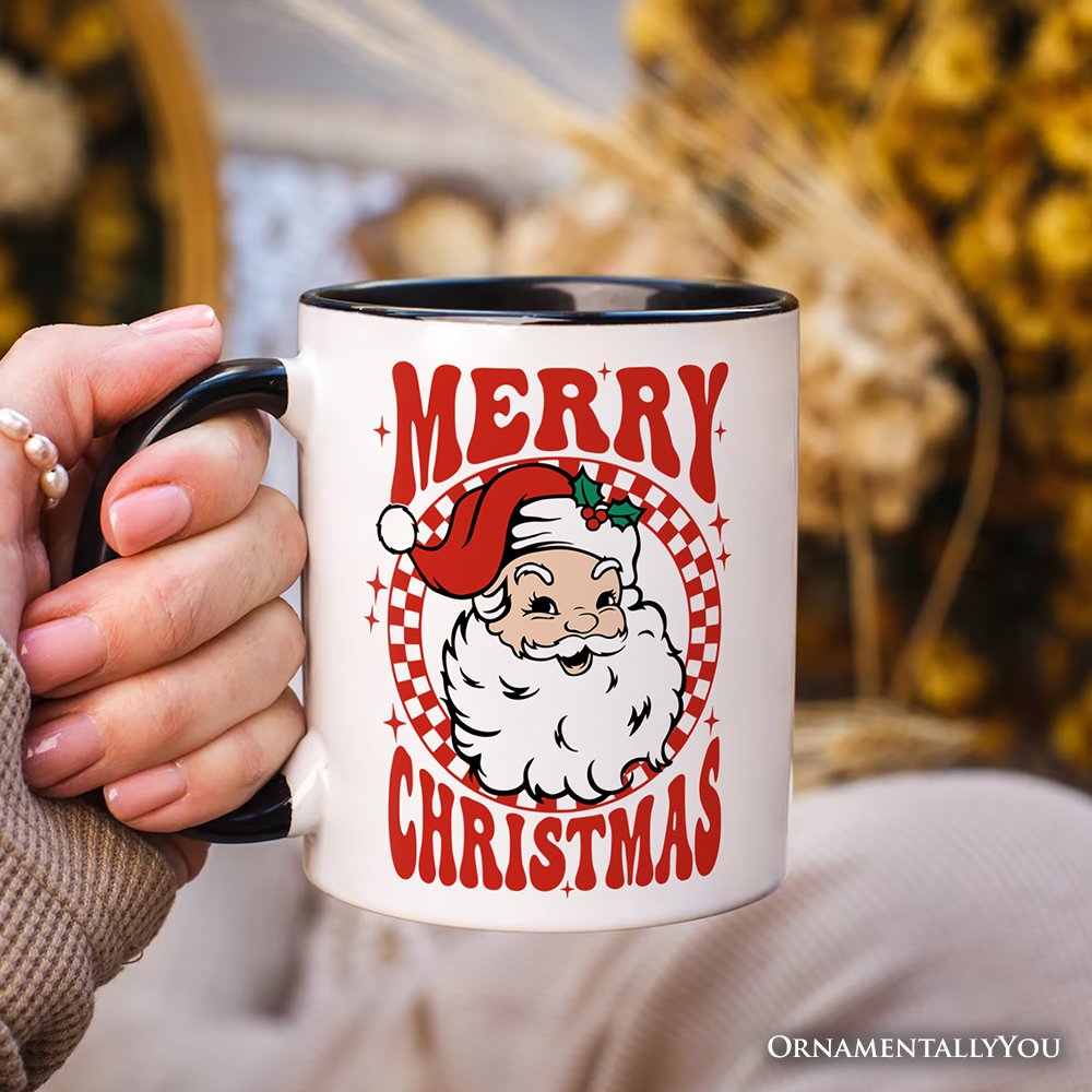Merry Christmas Santa Personalized Mug, Retro Red Checkered Holiday Gift with Custom Name