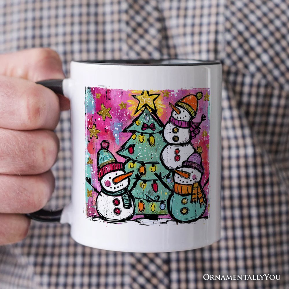 Watercolor Snowmen Christmas Tree Personalized Mug, Vintage Holiday Retro Gift with Custom Name