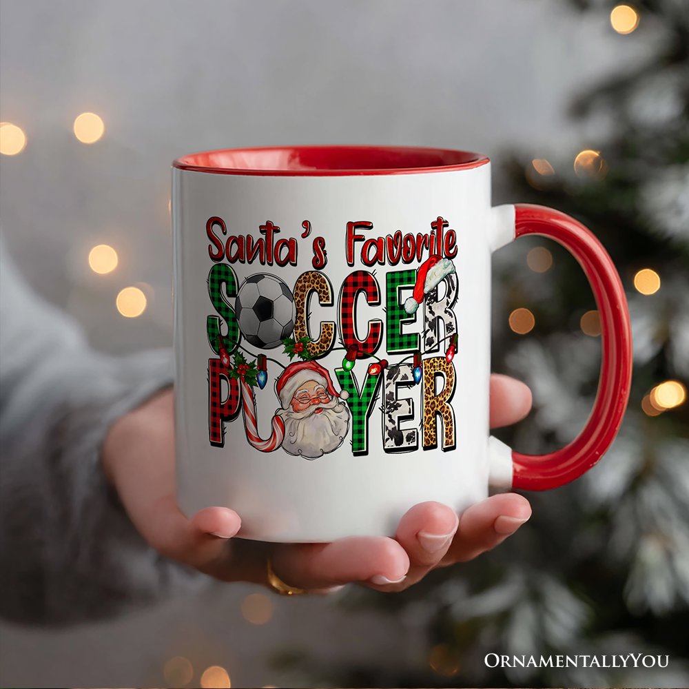 Santa’s Favorite Soccer Player Christmas Plaid Personalized Mug, Football Gift with Custom Name