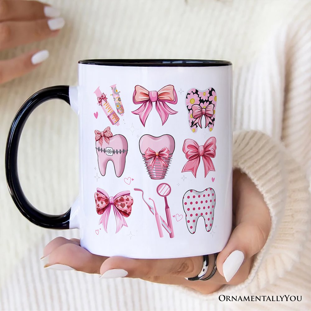 Dental Squad Coquette Personalized Mug, Pink Teeth Dentist Life Bow Gift with Custom Name