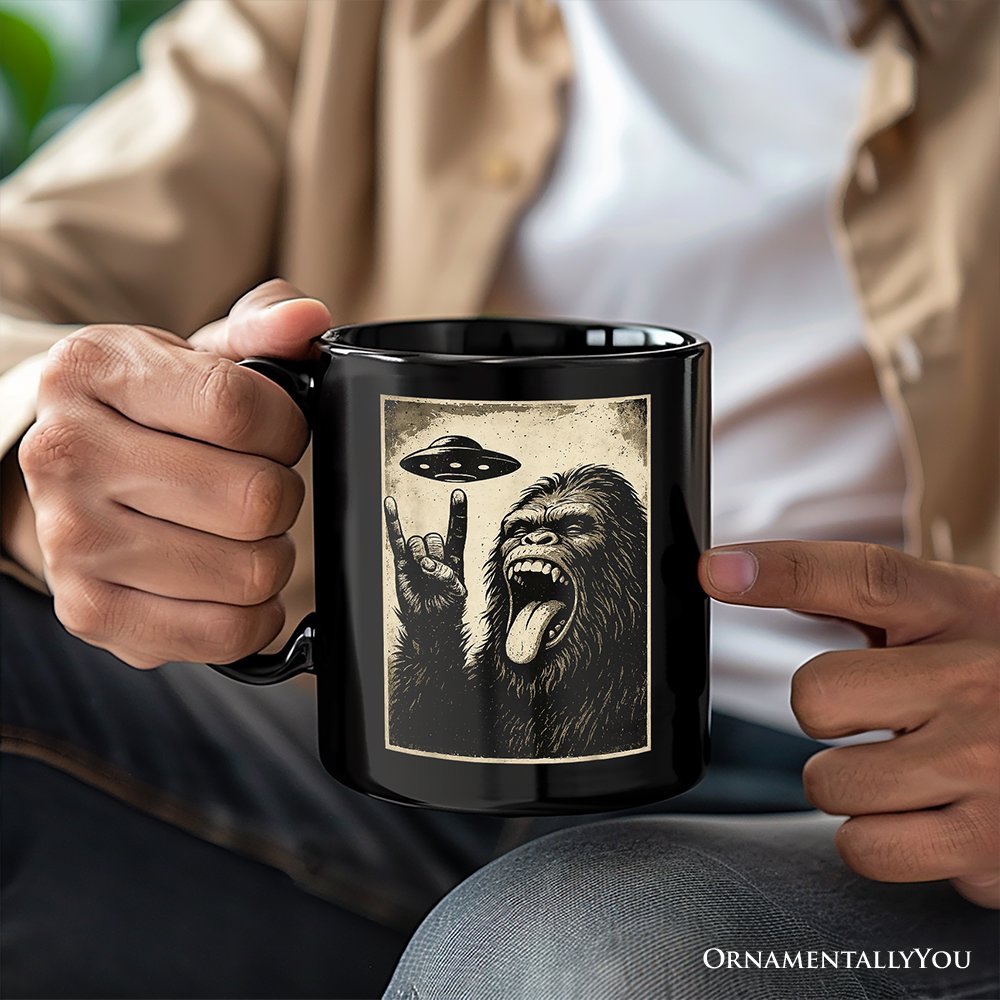 Bigfoot UFO Funny Personalized Mug, Rock and Roll Sasquatch Meme Gift with Custom Name