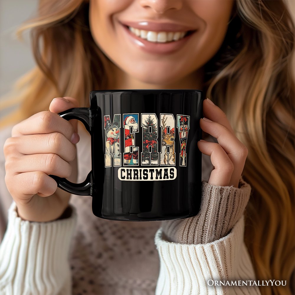 Merry Christmas Vintage Personalized Mug, Santa Tree Reindeer Snowman Nutcracker Gift with Custom Name
