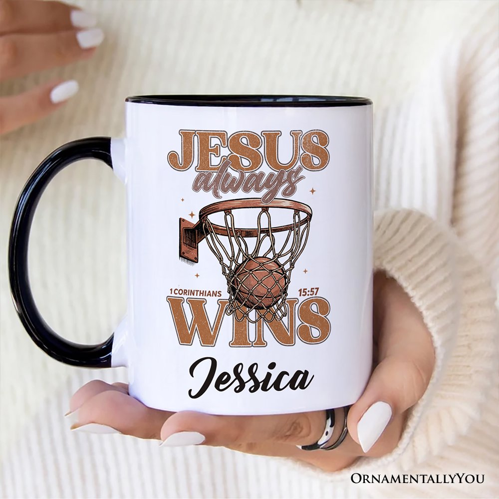 Jesus Always Wins Christian Basketball Personalized Mug, Retro Motivational Bible Verse Gift with Custom Name