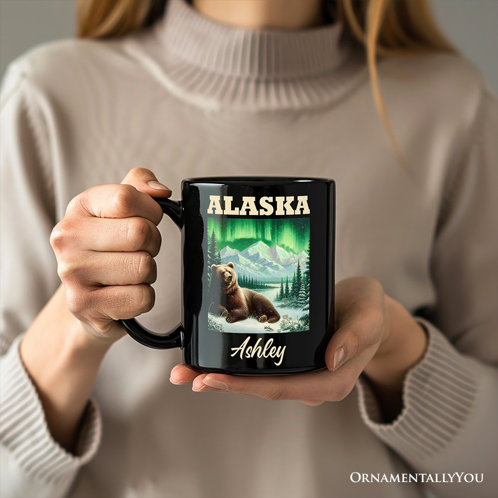 Majestic Alaska State Wilderness Vintage Personalized Mug, Northern Lights Grizzly Bear Gift and Nature Souvenir with Custom Name