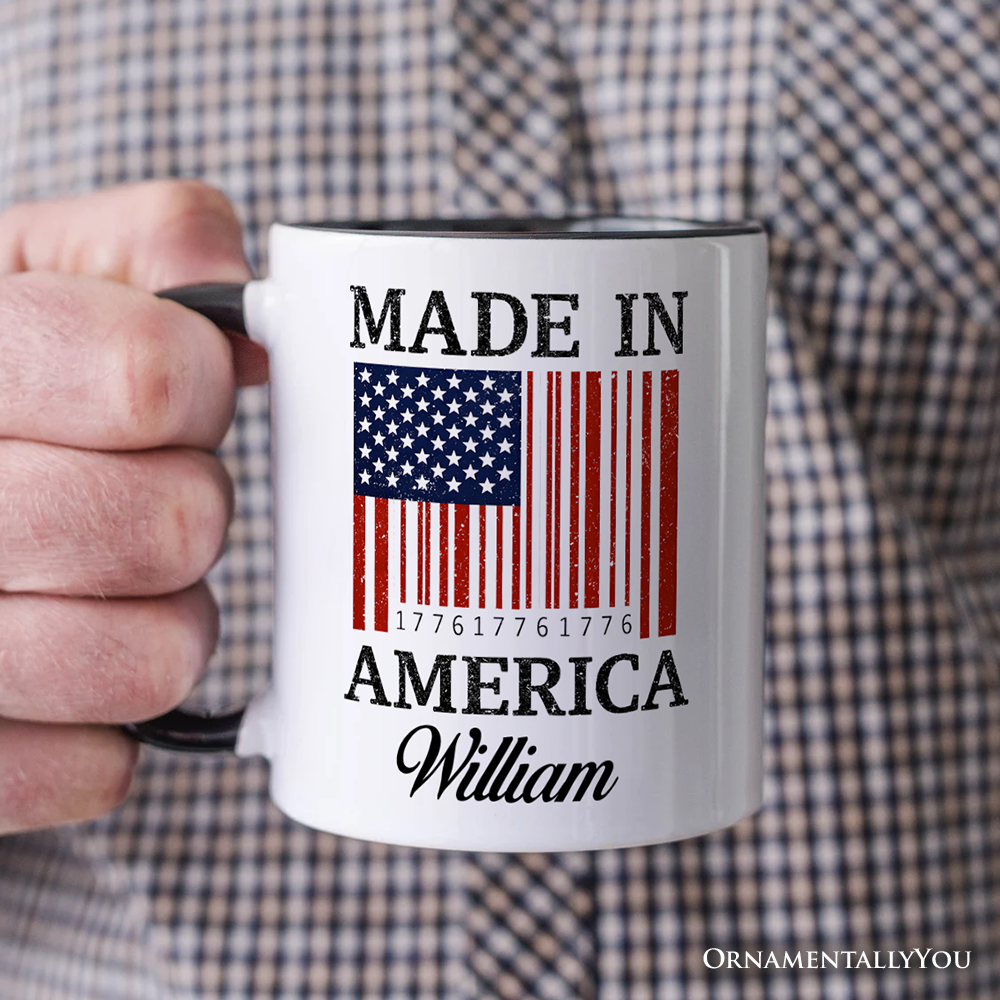 Made In America Bar Code Flag Personalized Mug, Patriotic 1776 USA 250th Anniversary Gift with Custom Name