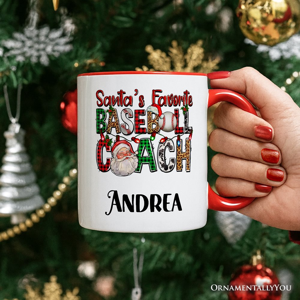 Santa’s Favorite Baseball Coach Personalized Mug, Plaid Christmas Athelete Gift with Custom Name
