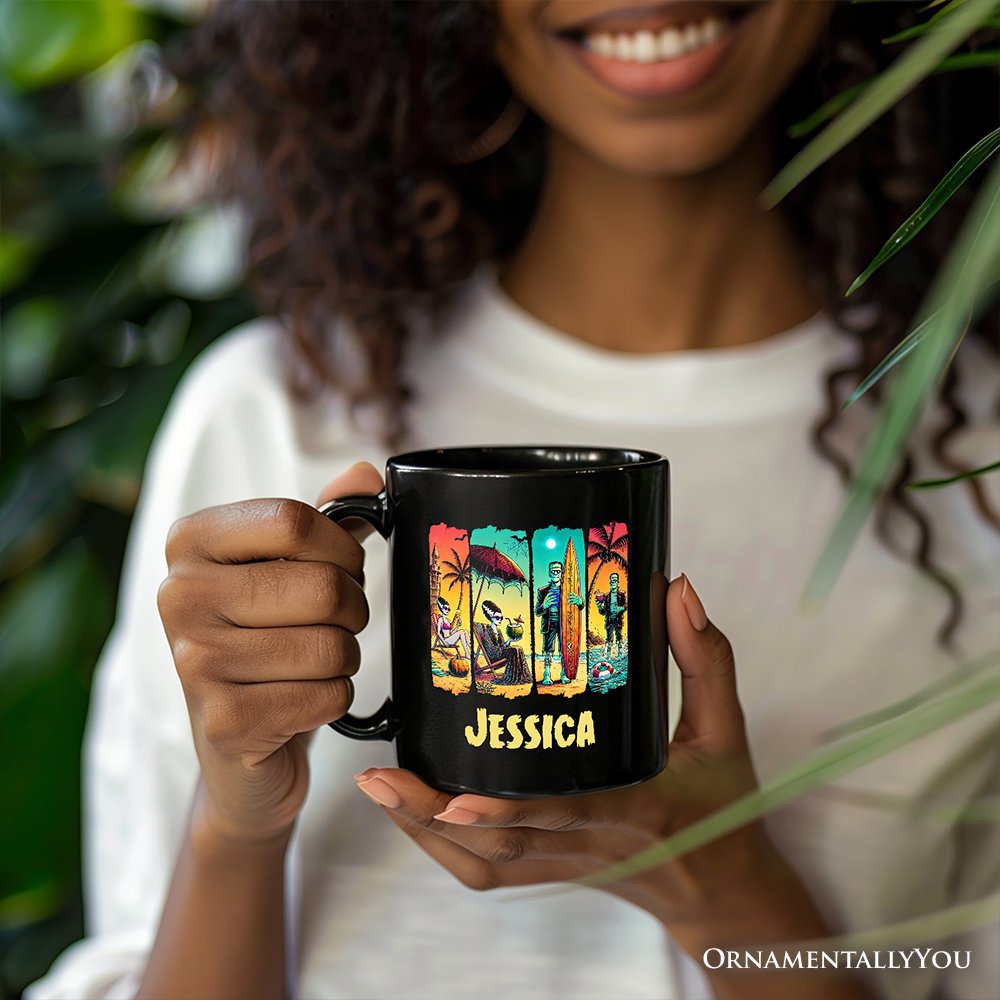Frankenstein's Beach Vacation Personalized Mug, Retro Neon Summer Vibes Gift with Custom Name