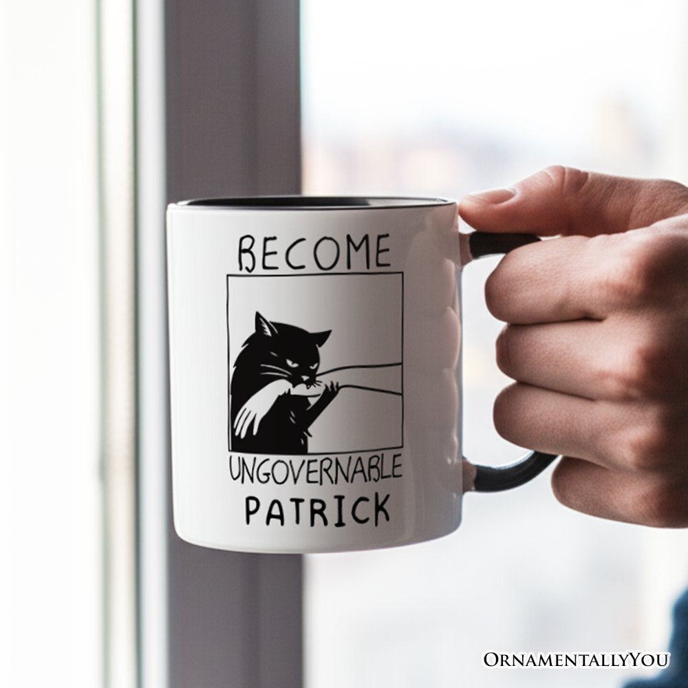 Become Ungovernable Black Cat Personalized Mug, Bites Hand Humorous Meme Gift with Custom Name