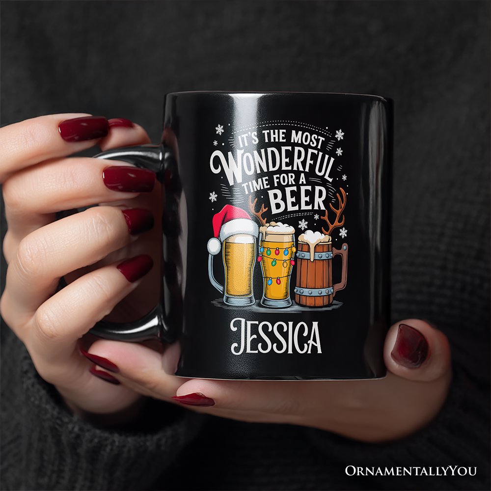 It's The Most Wonderful Time For a Beer Personalized Mug, Funny Holiday Beer Christmas Gift with Custom Name