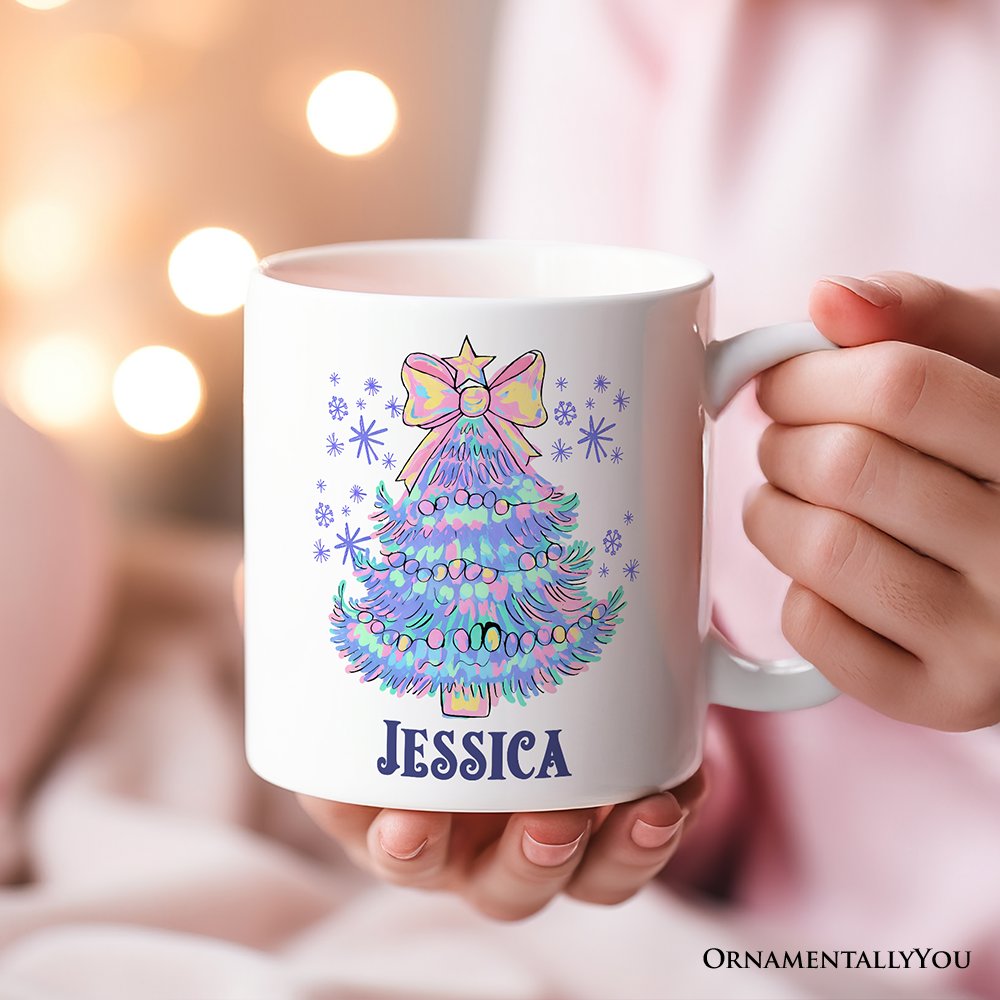 Light Blue Christmas Tree Bow Personalized Mug, Coquette Colorful Holiday Gift with Custom Name