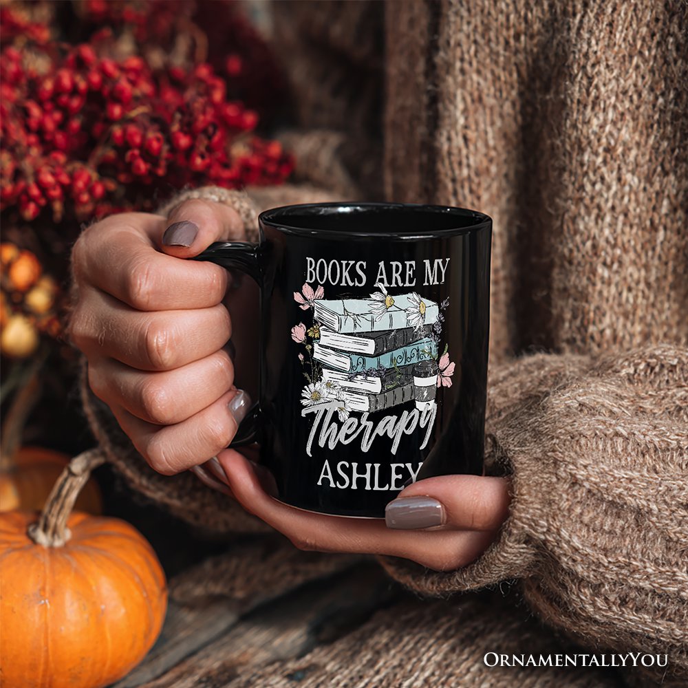 Books Are My Therapy Floral Vintage Personalized Mug, Reading Aesthetic Gift for Bookworms with Custom Name