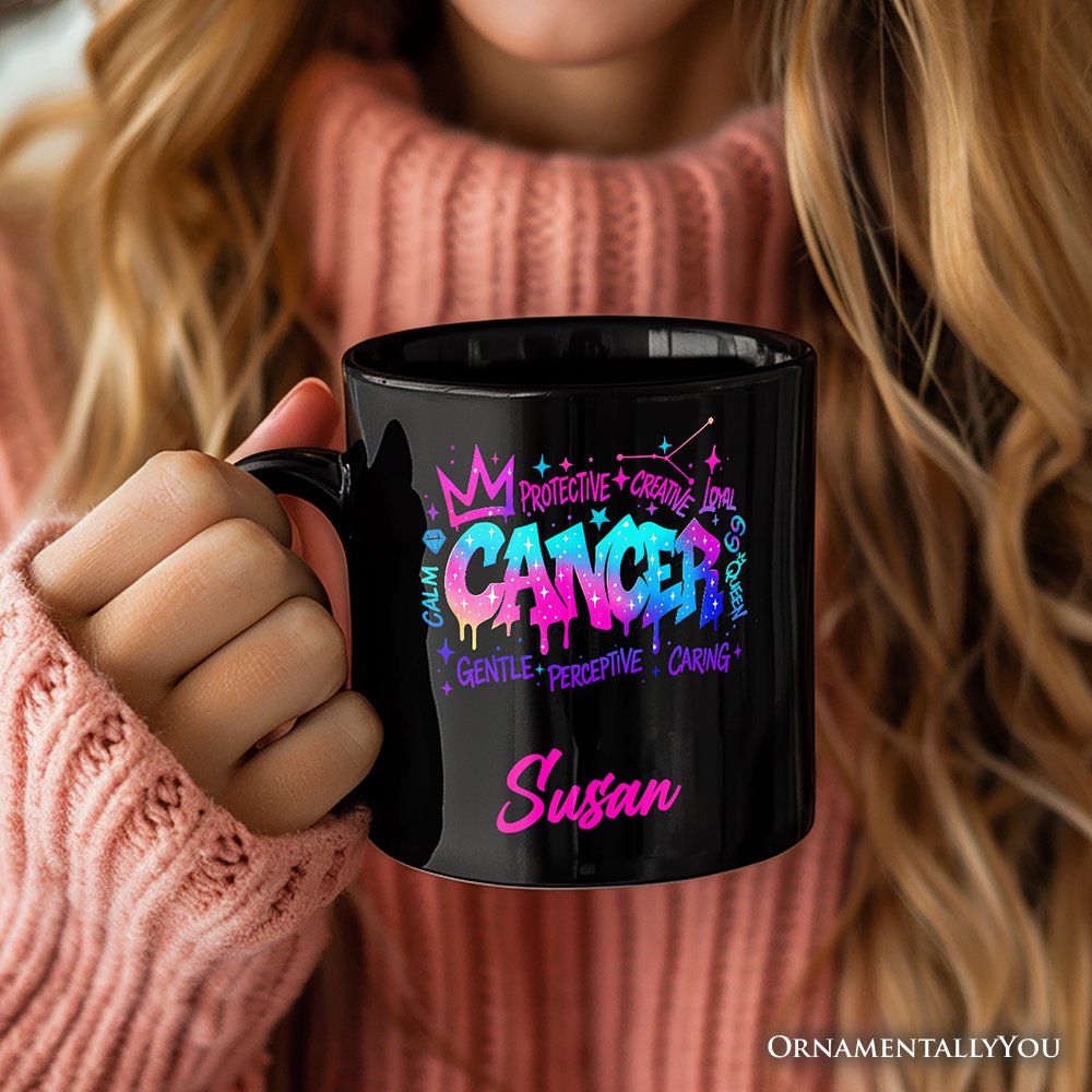 Cancer Graffiti Zodiac Personalized Mug, Street Style Astrology Horoscope Gift with Custom Name