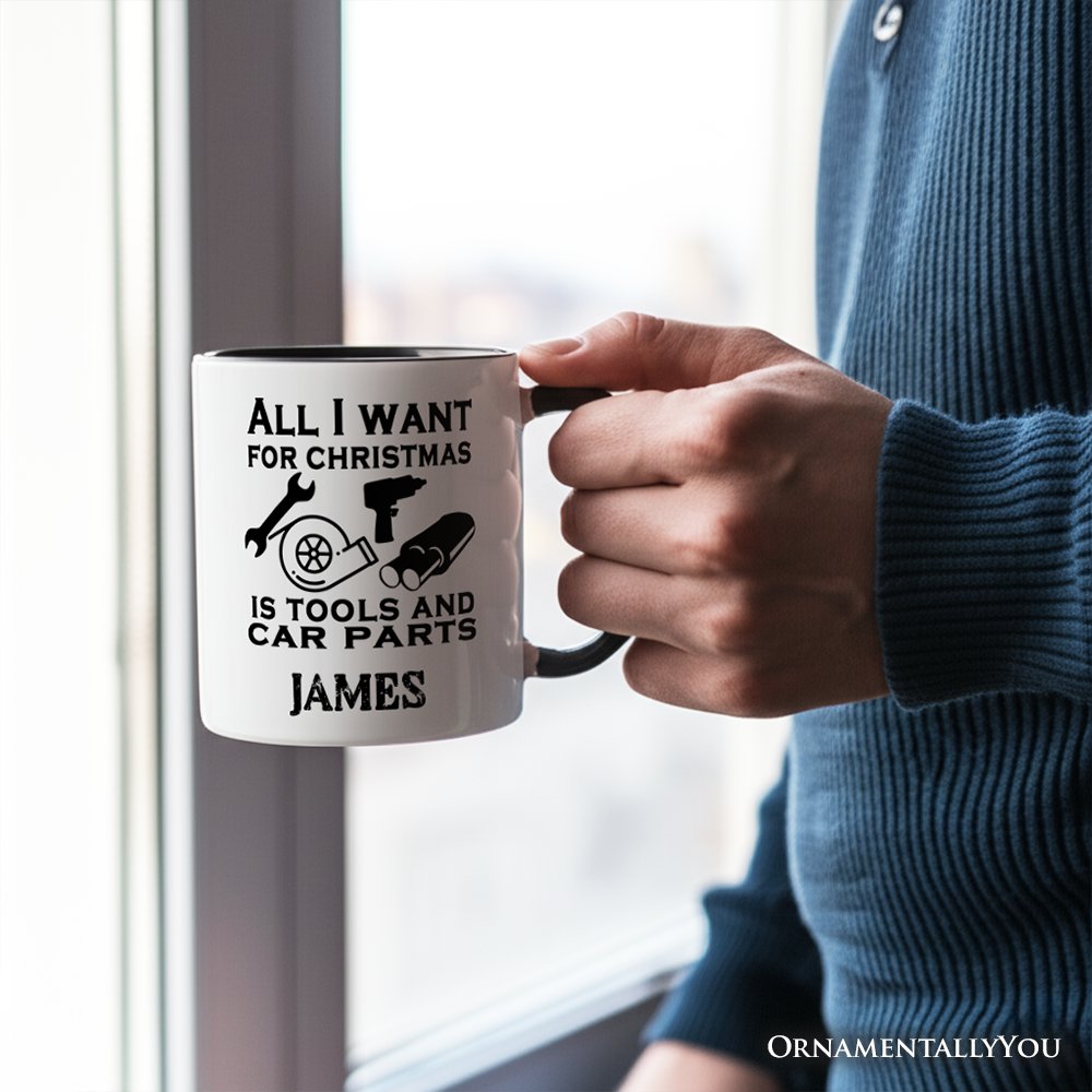 Mechanic Tools & Car Parts Christmas Personalized Mug, All I Want for Christmas Garage Quote Gift with Custom Name