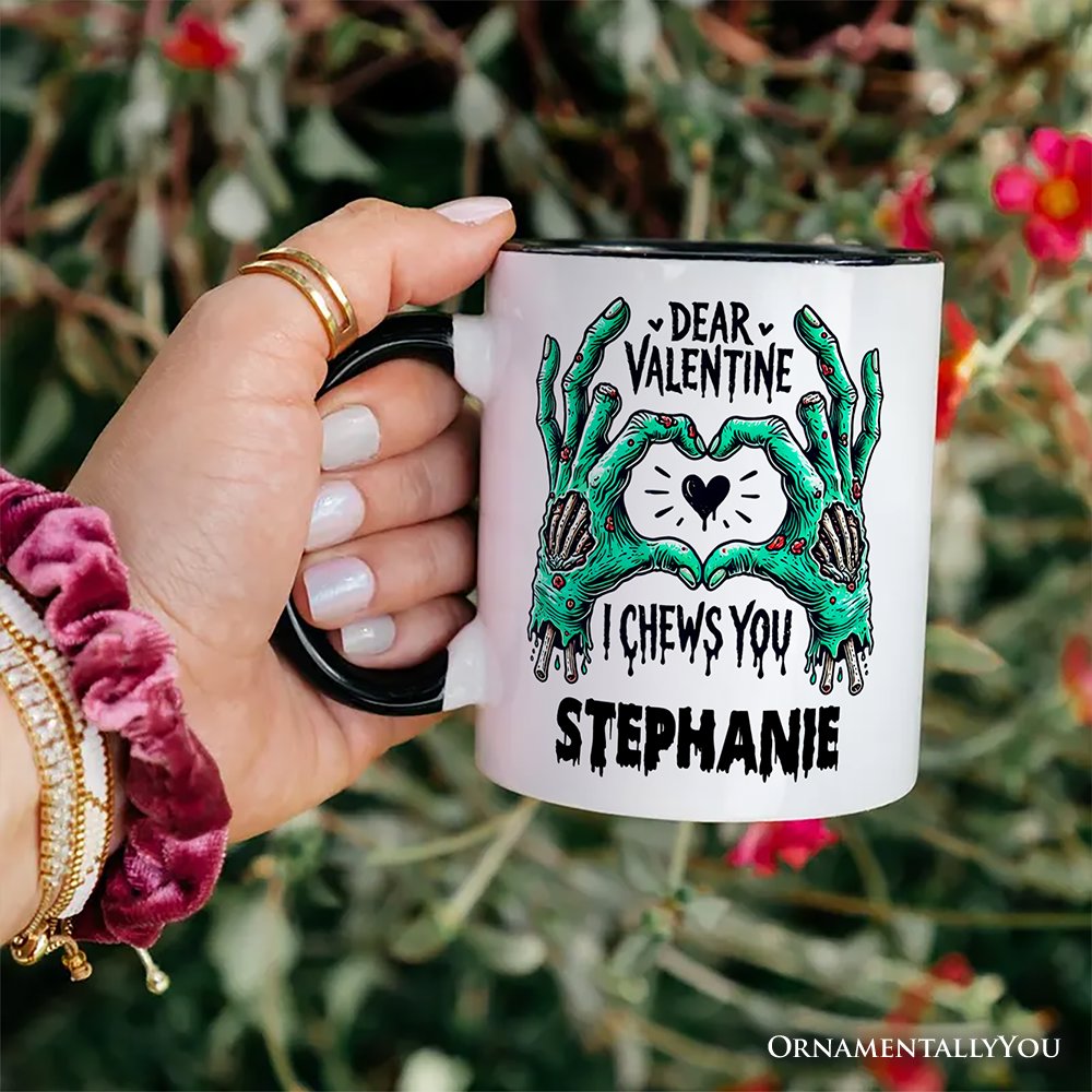 Zombie Valentine Hands I Chews You Personalized Mug, Funny Horror Spring Gift with Custom Name