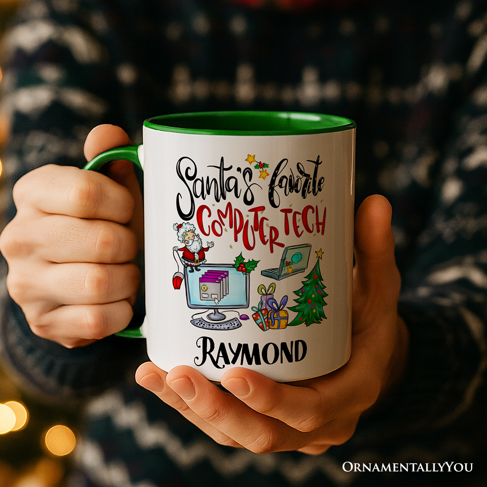 Santa's Favorite Computer Tech Personalized Mug, Technology Christmas Gift with Custom Name