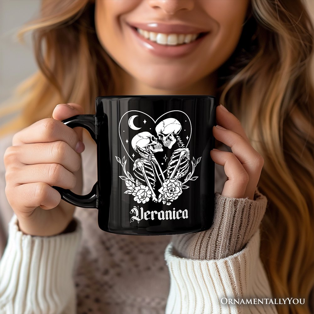The Lovers Skeletons Personalized Mug, Spooky Gothic Couple Gift with Custom Name