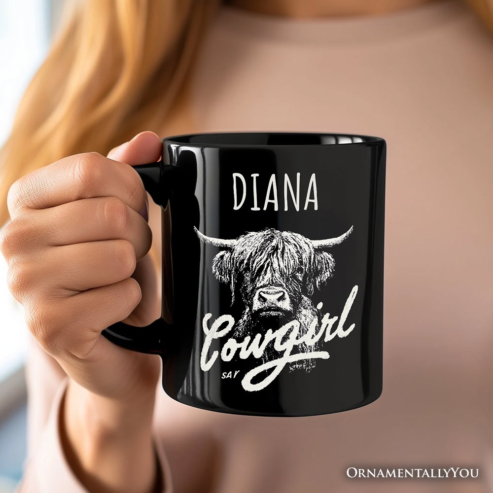 Highland Cow Vintage Cowgirl Personalized Mug, Western Country Gift with Custom Name