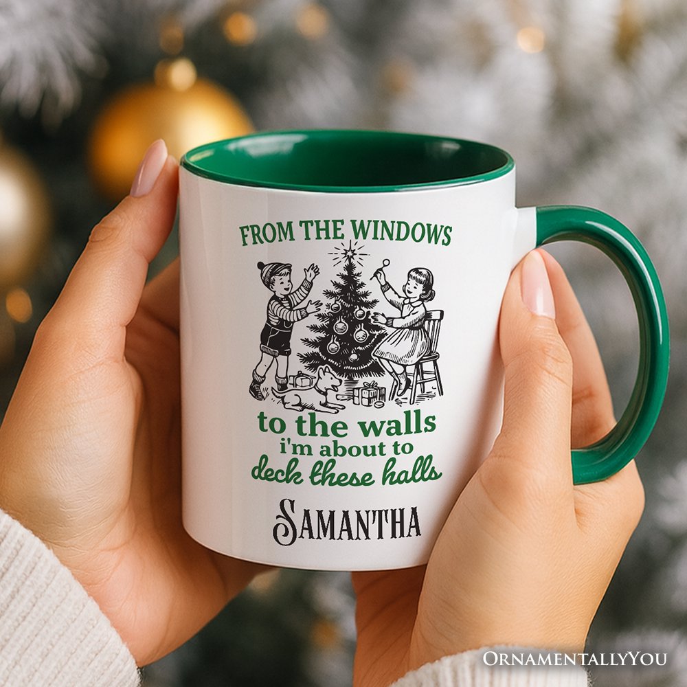 From the Windows to the Walls Deck These Halls Personalized Mug, Funny Vintage Christmas Gift with Custom Name