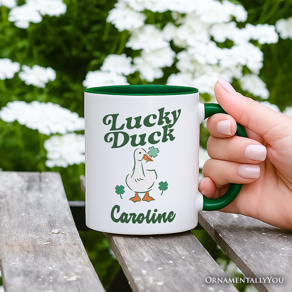 Lucky Duck St Patrick’s Day Shamrock Personalized Mug, Cute Clover Gift with Custom Name