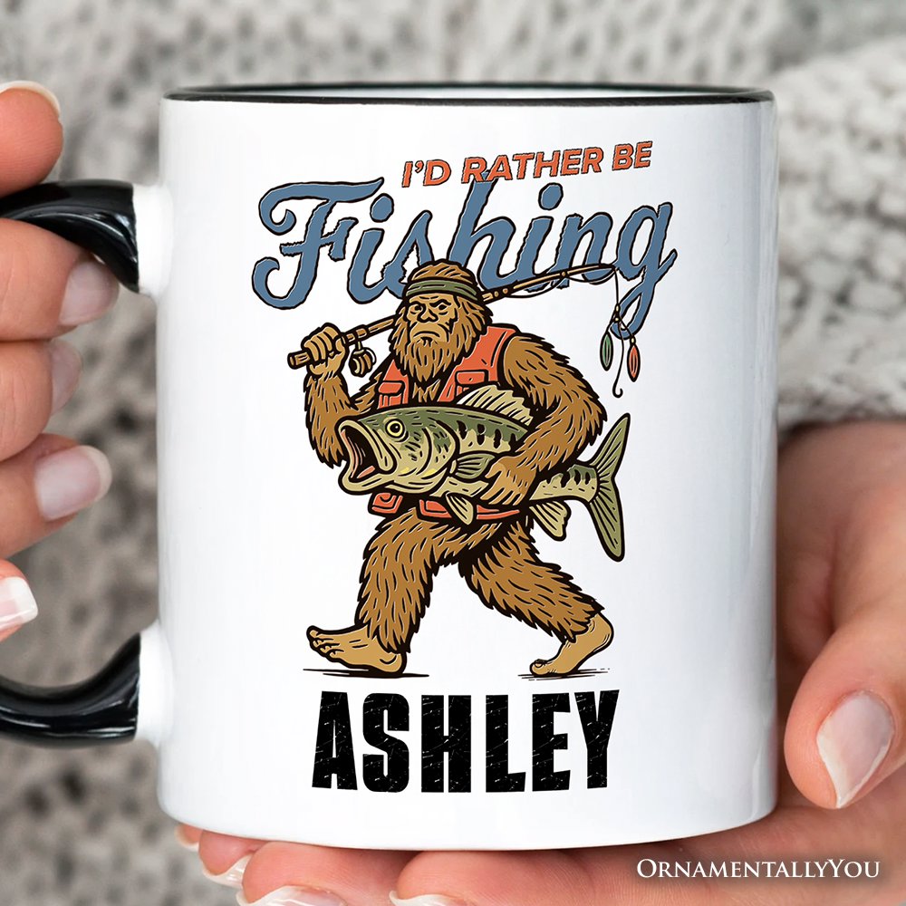 I’d Rather Be Fishing Bigfoot Personalized Mug, Funny Sasquatch Fishermen Gift with Custom Name