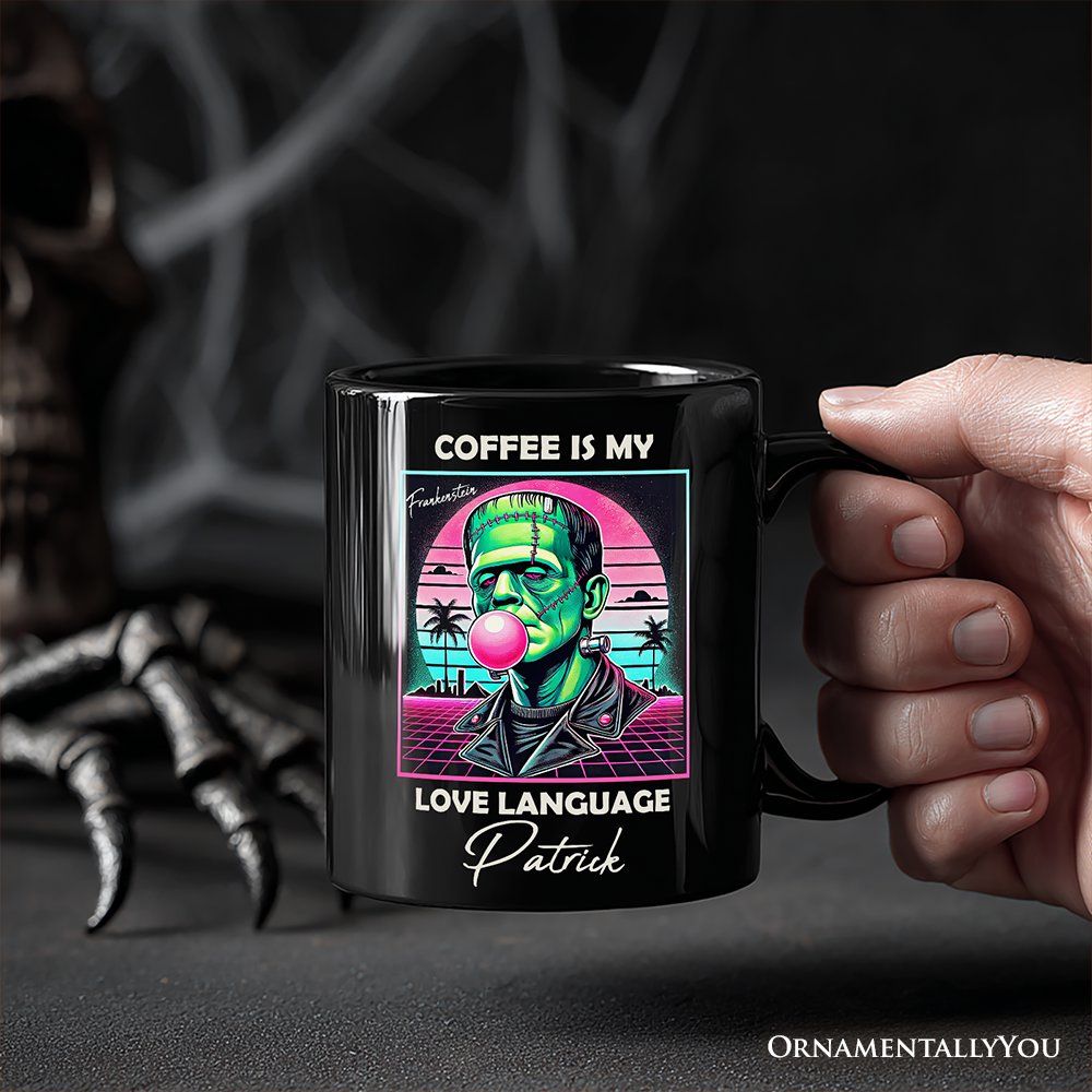 Vaperwave Frankenstein Retro Neon Horror Personalized Mug, Synthwave 80's Styled Classic Halloween Gift with Custom Name