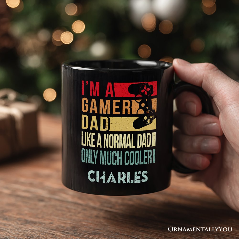 Gamer Dad Controller Personalized Mug, Black Funny Gift for Cool Fathers with Custom Name