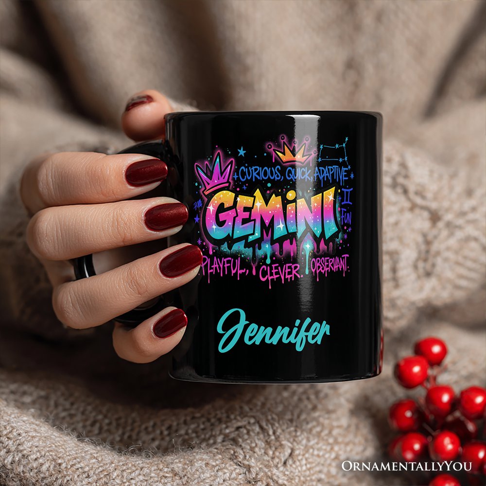 Gemini Graffiti Zodiac Personalized Mug, Street Style Astrology Horoscope Gift with Custom Name