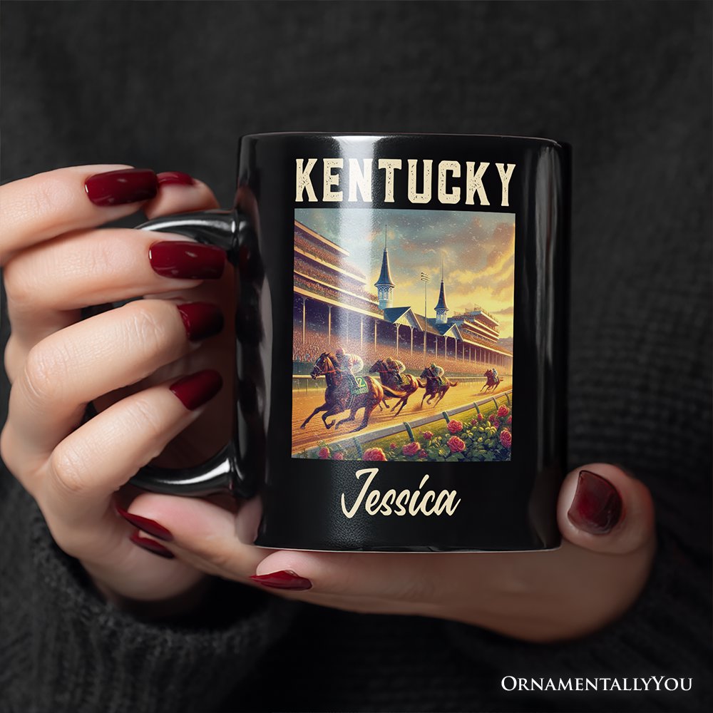 Iconic Kentucky State Horse Racing Personalized Mug, Churchill Downs Gift and Derby Heritage Souvenir with Custom Name