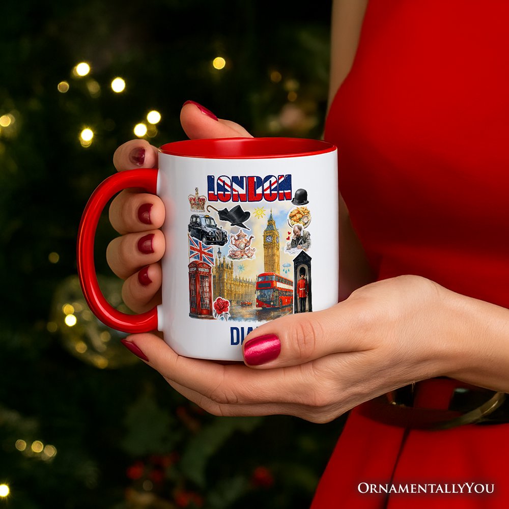 Classic London Artwork City Full of Landmarks Personalized Mug, Vintage Gift and Souvenir of England with Custom Name
