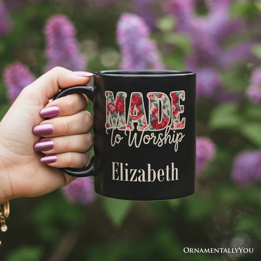 Made to Worship Printed Faux Yarn Crochet Christian Personalized Mug, Floral Retro Faith Gift with Custom Name