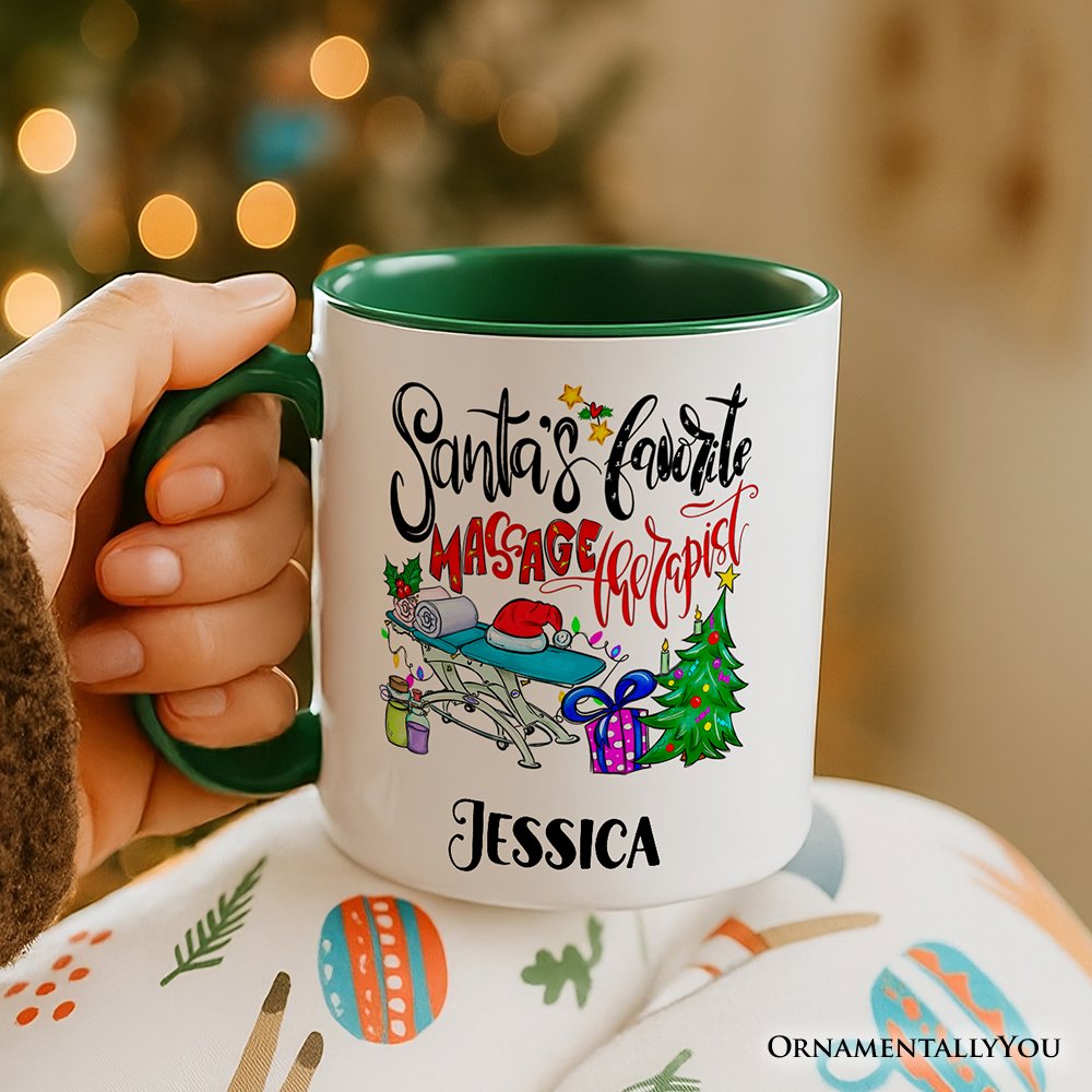 Santa’s Favorite Massage Therapist Personalized Mug, Spa Appreciation Christmas Gift with Custom Name