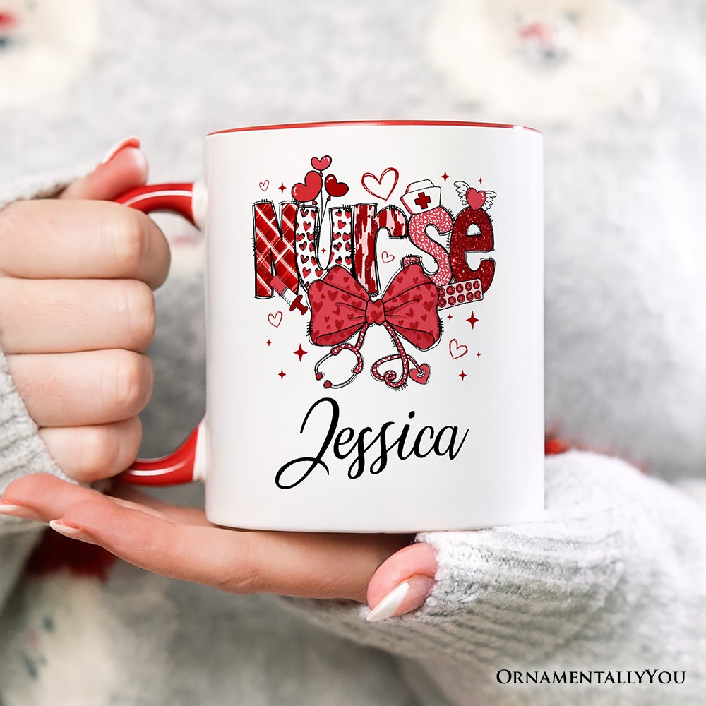 Valentine Nurse Coquette Bow Personalized Mug, Cupid Favorite Nurse Gift with Custom Name