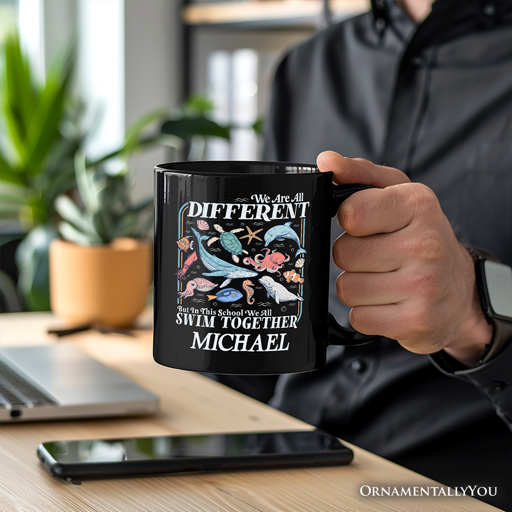 Ocean Animal Teacher Personalized Mug, We Are All Different But In This School We All Swim Classroom Gift with Custom Name