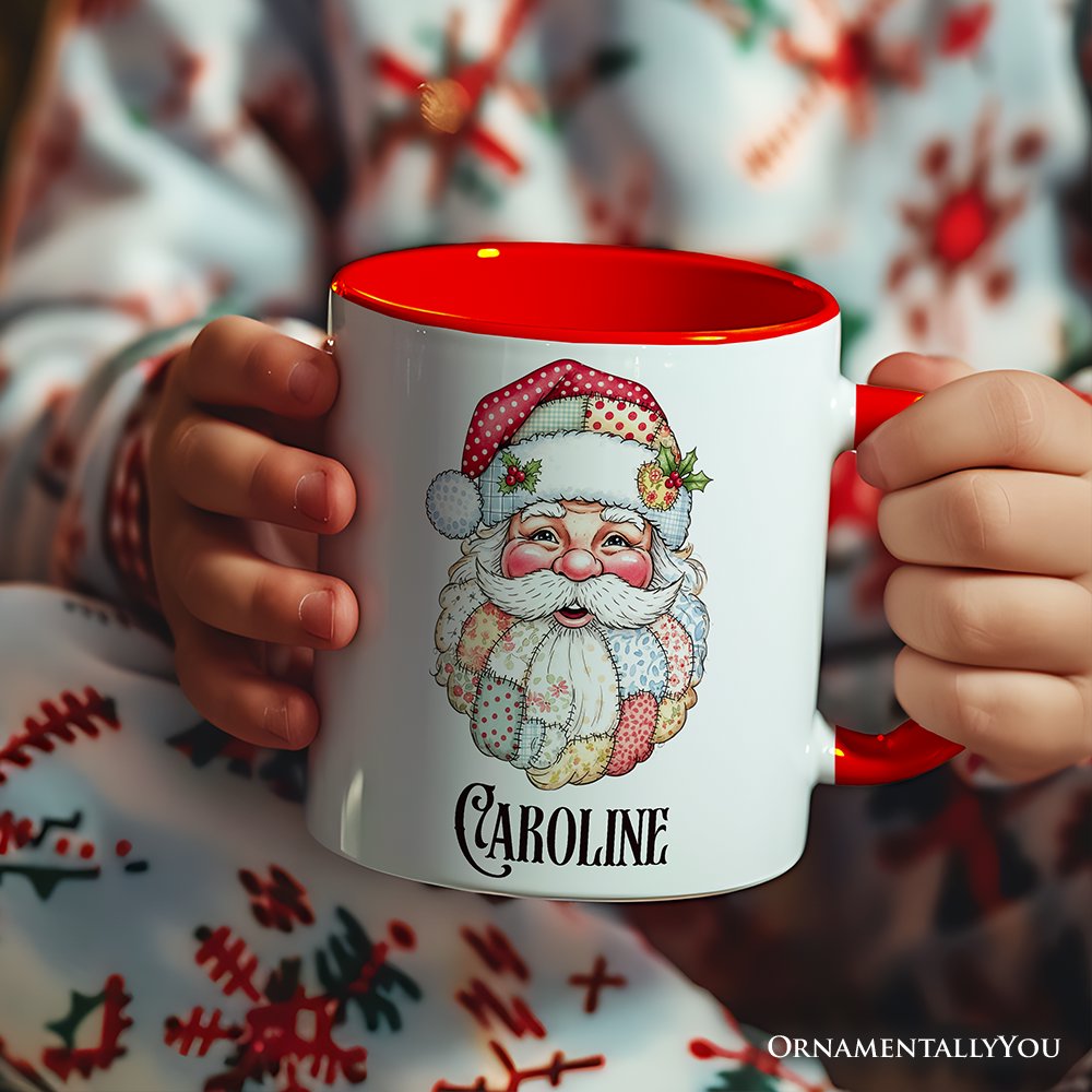 Patchwork Santa Claus Personalized Mug, Retro Christmas Holiday Gift with Custom Name