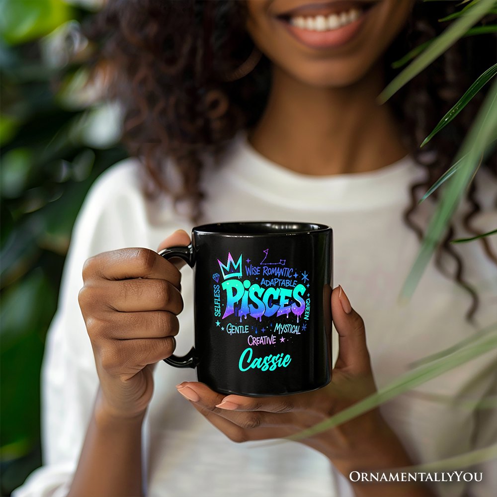 Pisces Graffiti Zodiac Personalized Mug, Street Style Astrology Horoscope Gift with Custom Name