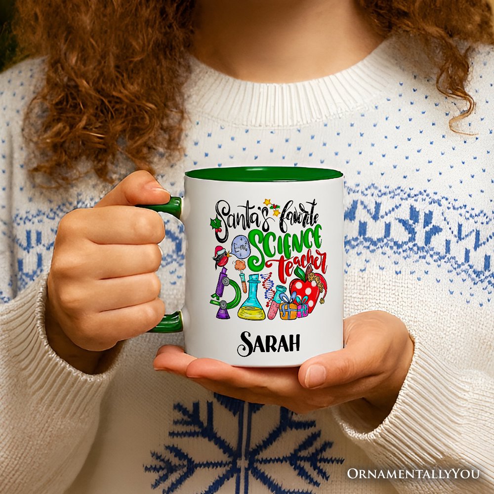 Santa’s Favorite Science Teacher Christmas Personalized Mug, Chemistry, Physics and Biology Gift with Custom Name