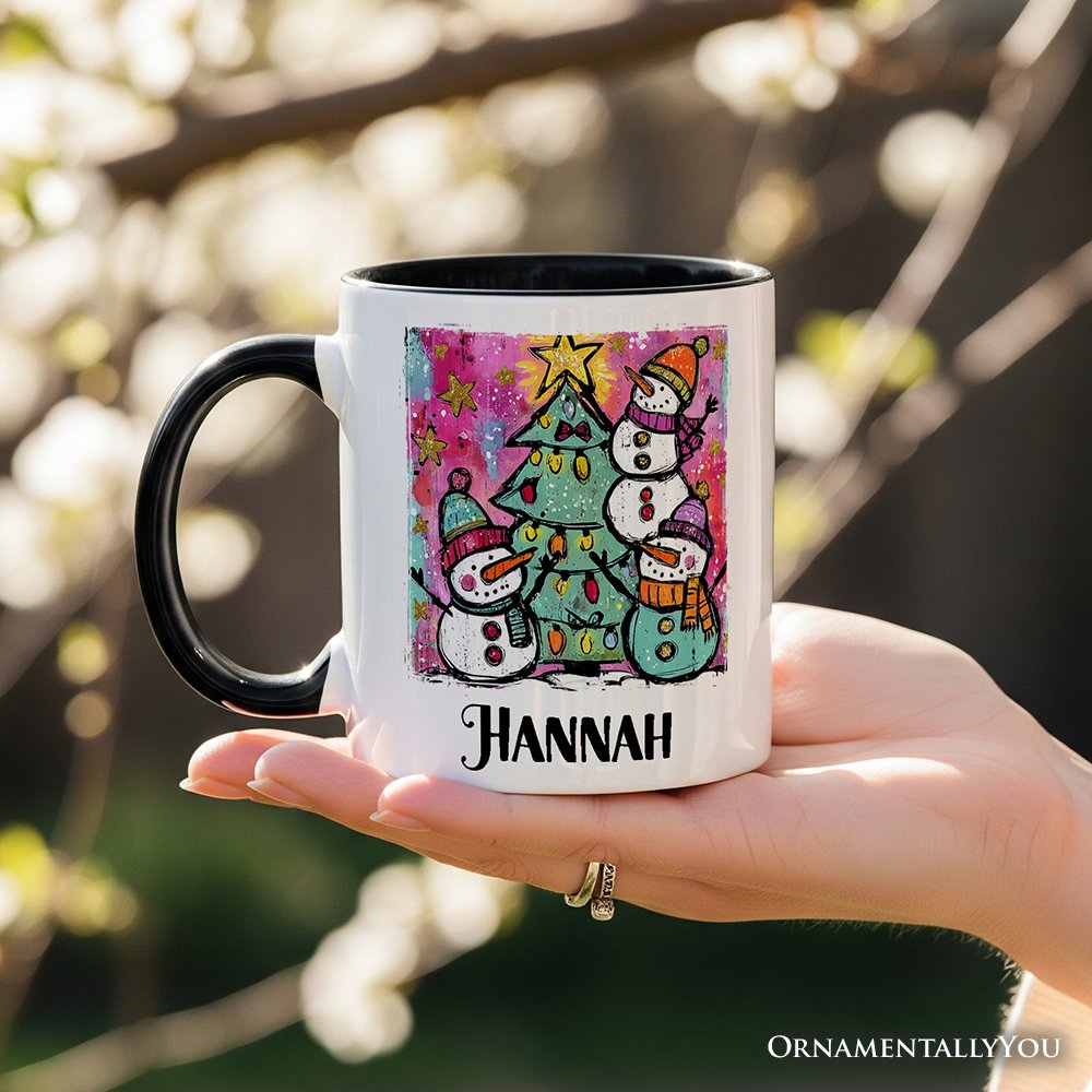 Watercolor Snowmen Christmas Tree Personalized Mug, Vintage Holiday Retro Gift with Custom Name