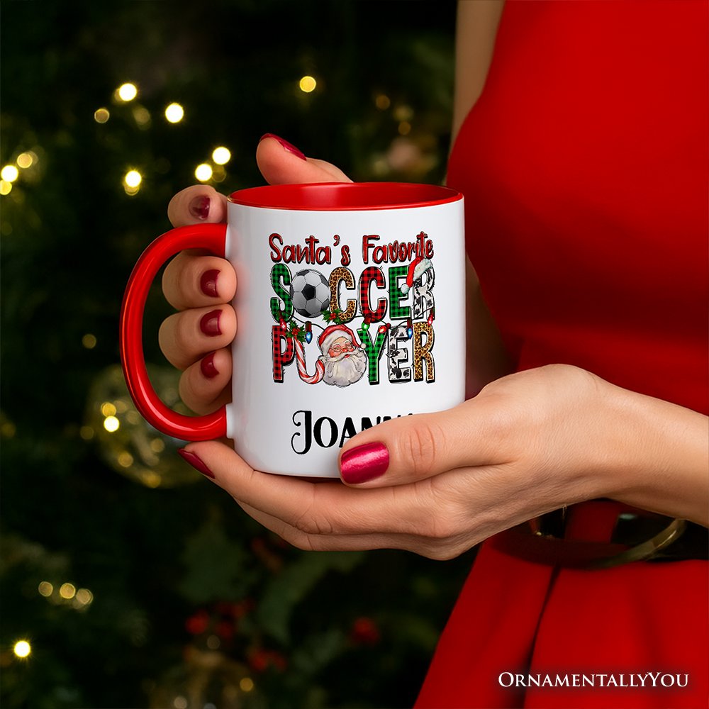Santa’s Favorite Soccer Player Christmas Plaid Personalized Mug, Football Gift with Custom Name
