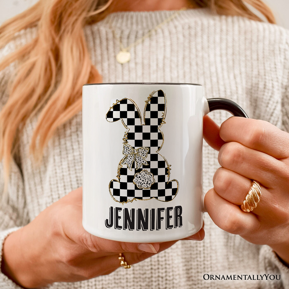 Checkered Easter Bunny Coquette Personalized Mug, Stylish Spring Gift with Custom Name