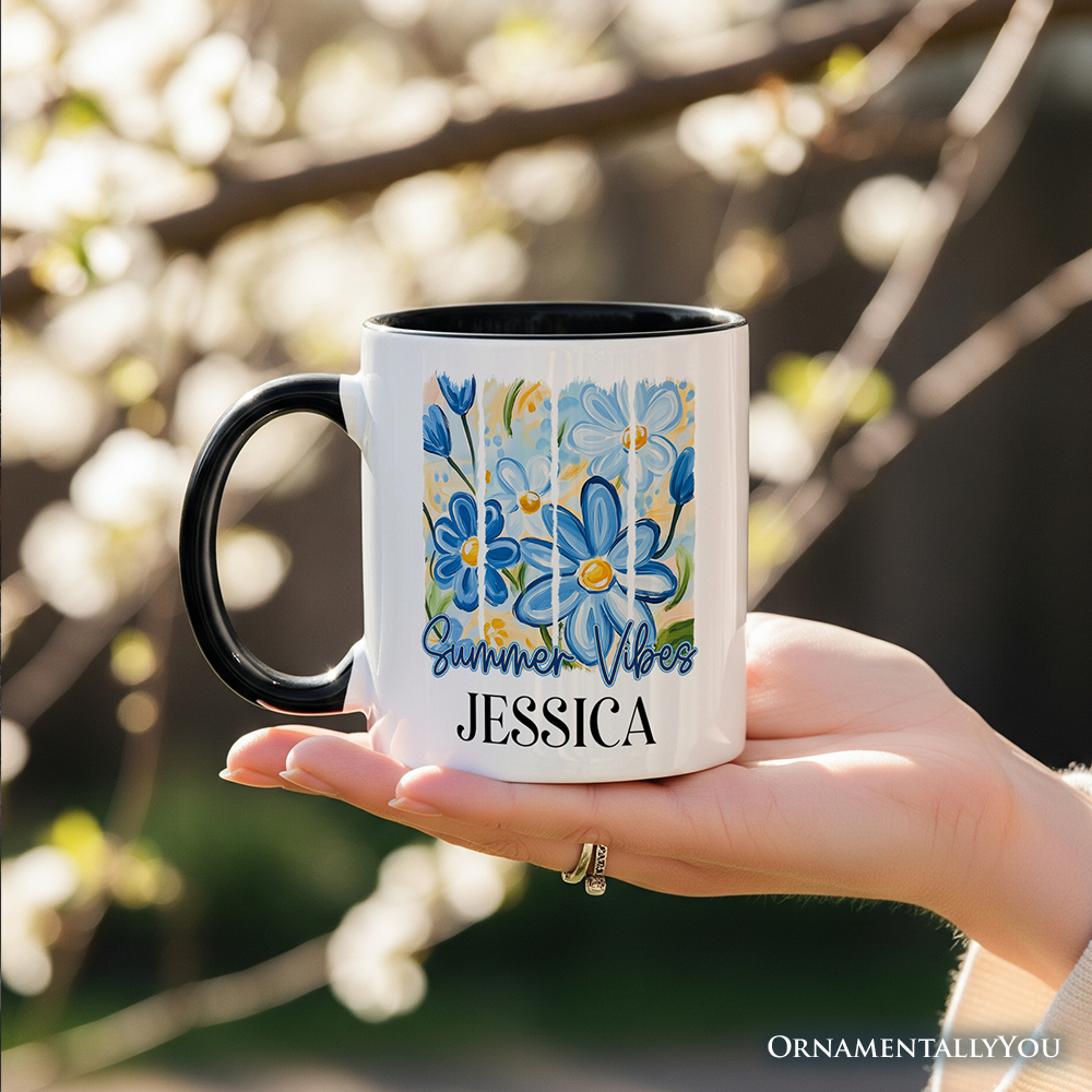 Summer Vibes Brushsroke Flowers Personalized Mug, Aesthetic Gift with Custom Name