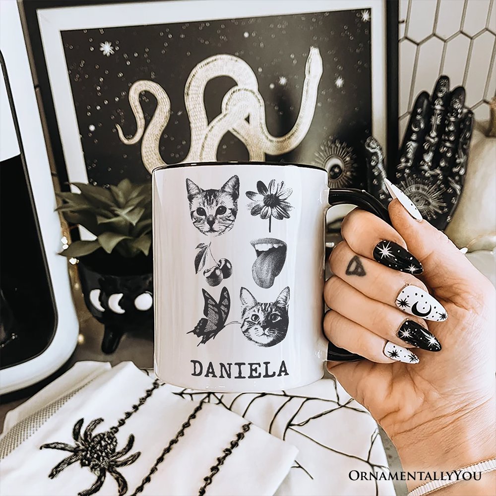 Dangerous Elements Grunge Tattoo Style Personalized Mug, Photocopy Stipple Collage Art Gift with Custom Name