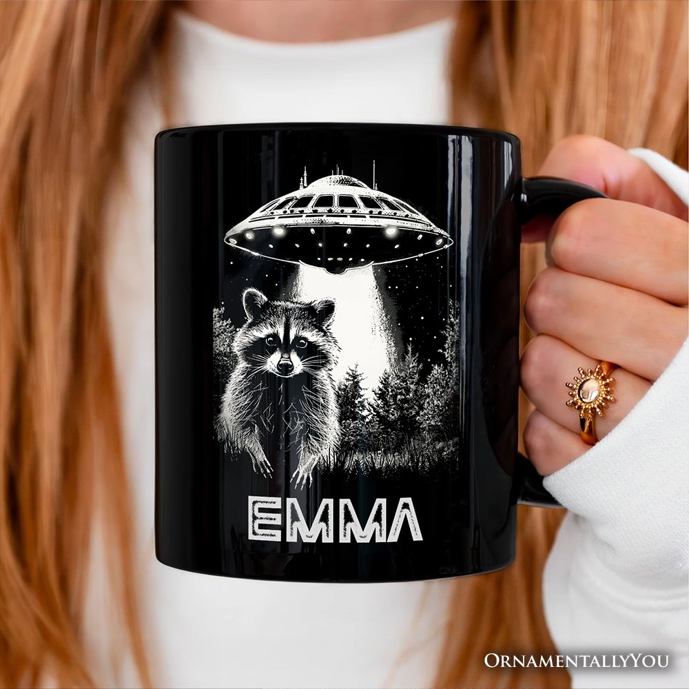 Funny UFO Raccoon Personalized Mug, Alien Gift with Custom Name