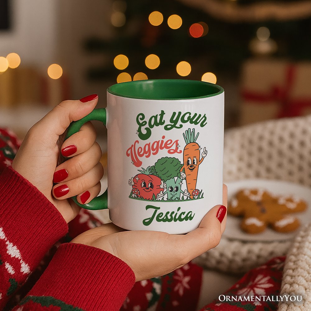Eat Your Veggies Personalized Mug, Retro Cute Farmers Market Veggie Gift with Custom Name